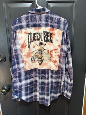 Queen Bee Tie-Dye Plaid Button-Up Flannel- Blue and Rust